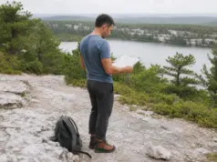 Minnewaska State Park Has 3 Areas Here’s Which to Hike Hiker checking a trail map where the carriage road splits above Lake Minnewaska State Park