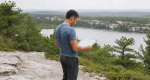Minnewaska State Park Has 3 Areas Here’s Which to Hike Hiker checking a trail map where the carriage road splits above Lake Minnewaska State Park