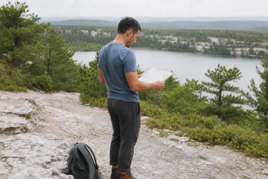 Minnewaska State Park Has 3 Areas Here’s Which to Hike Hiker checking a trail map where the carriage road splits above Lake Minnewaska State Park
