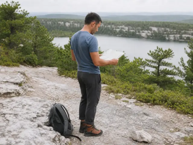 0-minnewaska-state-park-carriage-road-junction Hiker checking a trail map where the carriage road splits above Lake Minnewaska State Park