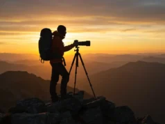 Backpacking With Camera Gear: Pro Picks for Epic Shots Backpacker silhouetted on mountain peak at sunrise with professional camera gear, capturing epic shots.