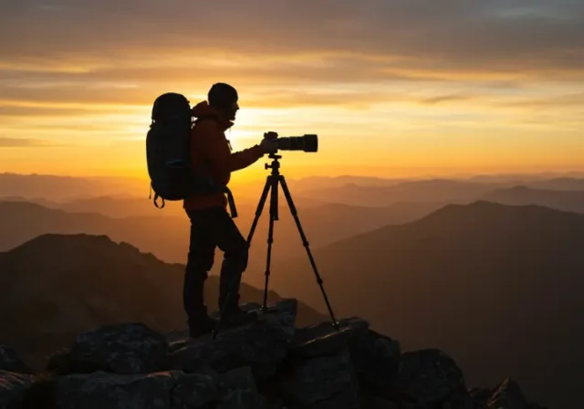 Backpacker silhouetted on mountain peak at sunrise with professional camera gear, capturing epic shots.