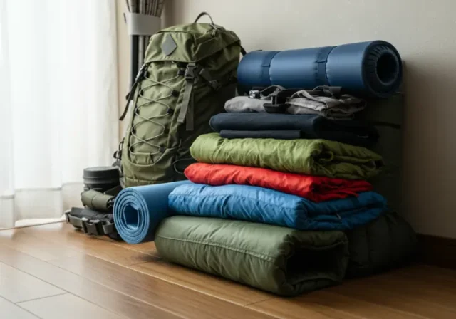 Top backpacking gear for beginners laid out for a realistic photograph.