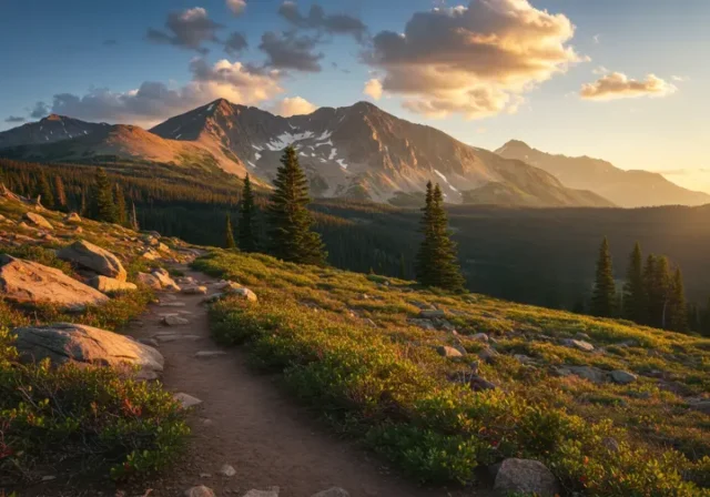 Colorado mountain landscape with hiking trail and trailhead sign "Book Your Spot" for hiking trips.