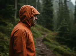 A hiker wearing a waterproof rain jacket, highlighting the ultimate guide for choosing the right one.