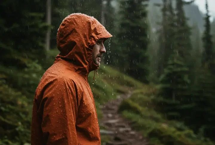 A hiker wearing a waterproof rain jacket, highlighting the ultimate guide for choosing the right one.