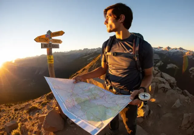 A hiker on a mountain ridge at sunrise consults a map, symbolizing the process of choosing a Colorado hiking trip from many options.