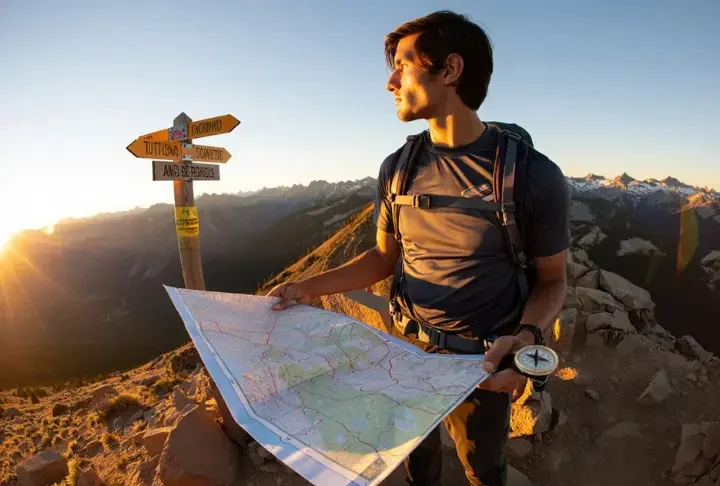 A hiker on a mountain ridge at sunrise consults a map, symbolizing the process of choosing a Colorado hiking trip from many options.