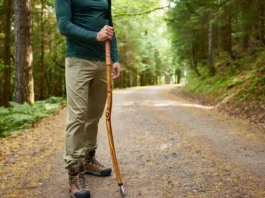 A hiker stands on a forest trail, holding a handcrafted, trail-worthy hiking stick, symbolizing self-reliance and a deeper connection to nature for dedicated hikers.