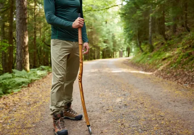 A hiker stands on a forest trail, holding a handcrafted, trail-worthy hiking stick, symbolizing self-reliance and a deeper connection to nature for dedicated hikers.