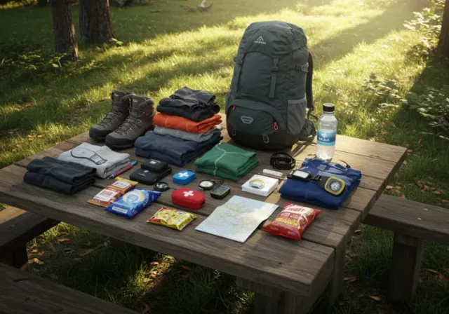 Essential hiking equipment for beginners: complete set of gear including boots, backpack, clothing, first aid, navigation, hydration, and snacks laid out on a picnic table in a forest.