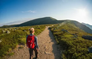 The Hiker’s Handbook: From First Steps to First Summit A hiker stands on a mountain path, gazing at a distant summit, representing the journey from first steps to achieving a hiking goal.