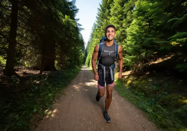 A hiker moves effortlessly on a forest trail, showcasing the benefits of a lightweight backpacking gear list for enhanced wilderness enjoyment.