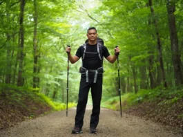 A hiker demonstrates proper hiking pole length for sizing and adjustment on a forest trail.