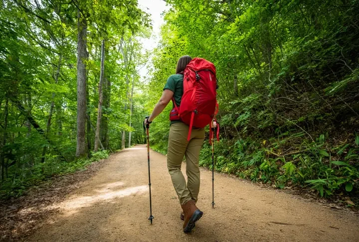 A thru-hiker stands on the Appalachian Trail, equipped with a backpack and trekking poles, symbolizing the journey of hiking the Appalachian Trail and a pacing guide.