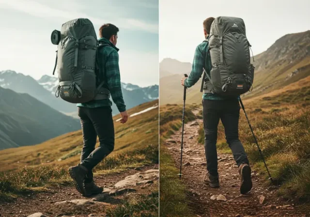 Hiker with a lightweight backpack demonstrating the concept of hiking lighter on a trail.