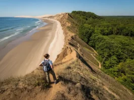 A panoramic view showcasing the diverse hiking landscapes of Long Island, blending sandy beaches with rugged, forested bluffs under clear skies, representing the best places to hike.