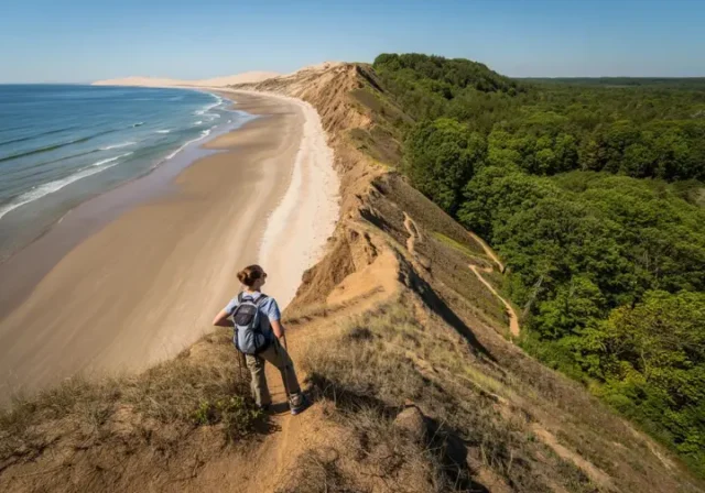 A panoramic view showcasing the diverse hiking landscapes of Long Island, blending sandy beaches with rugged, forested bluffs under clear skies, representing the best places to hike.