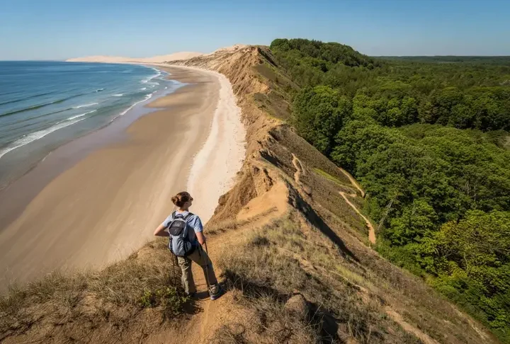 A panoramic view showcasing the diverse hiking landscapes of Long Island, blending sandy beaches with rugged, forested bluffs under clear skies, representing the best places to hike.
