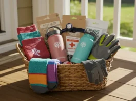 Woven basket filled with hiking gifts for women on sunlit porch, including socks, water bottle, first-aid kit, headlamp, and gloves.