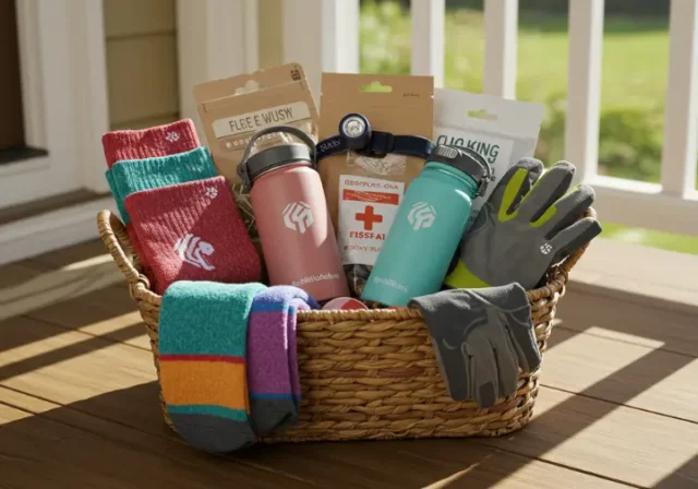 Woven basket filled with hiking gifts for women on sunlit porch, including socks, water bottle, first-aid kit, headlamp, and gloves.