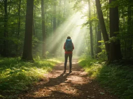 Person at forest trailhead, ready to start hiking as a hobby, embarking on an epic outdoor journey.