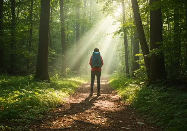 Person at forest trailhead, ready to start hiking as a hobby, embarking on an epic outdoor journey.