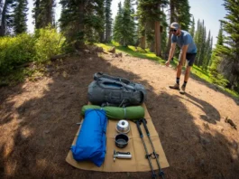 A thru-hiker stands beside their organized gear spread on the ground, showcasing the "Big Three" and other essential items for a comprehensive thru-hiking gear list.