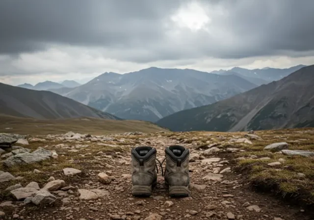 Worn hiking boots on mountain trail, questioning preparedness for a thru-hike.