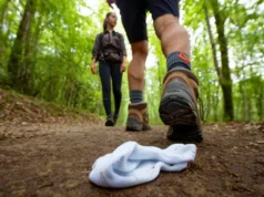 Beyond Cotton: The Ultimate Guide to Hiking Socks A hiker on a trail, highlighting a proper hiking sock and a discarded cotton sock, representing the ultimate guide to hiking socks.