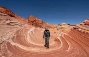 Valley of Fire: From the Fire Wave to Hidden Gems A hiker views the iconic Fire Wave in Valley of Fire State Park, showcasing the park's vibrant sandstone and unique rock formations.