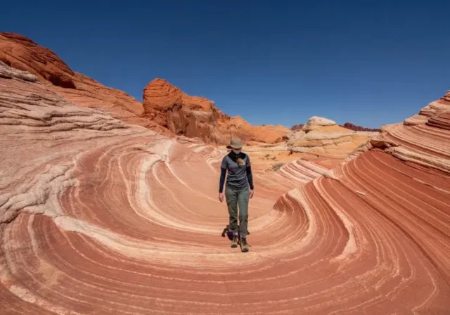 A hiker views the iconic Fire Wave in Valley of Fire State Park, showcasing the park's vibrant sandstone and unique rock formations.