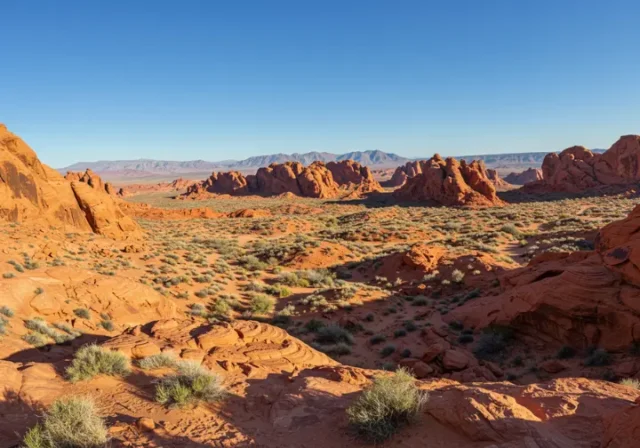 Panoramic photograph of the Valley of Fire landscape, showcasing red sandstone formations under a bright sun.