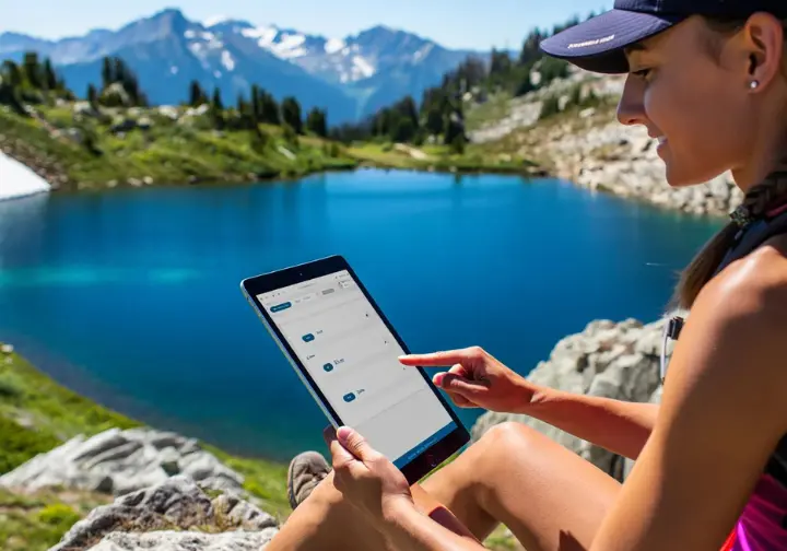 A female hiker plans her ideal Colorado hiking experience using a digital device, overlooking an alpine lake.