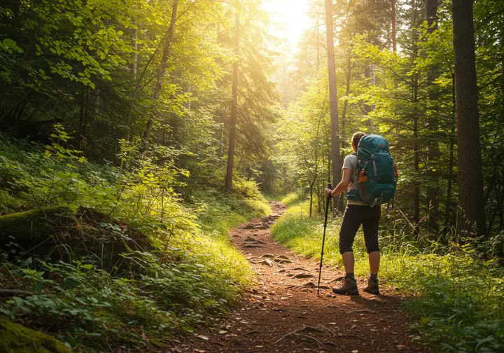 Backpacker stepping onto a forest trail, beginning their backpacking journey.