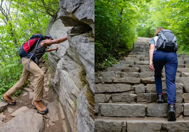 A visual comparison showing two sides of the Bear Mountain hike: a rocky scramble ascent and a stone staircase descent on the classic loop trail.