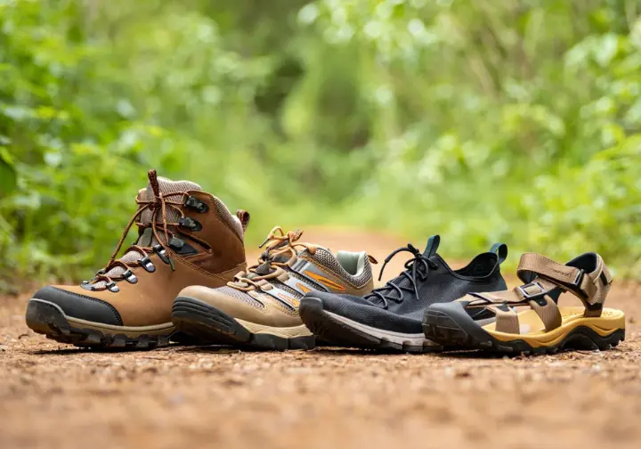 Four different types of hiking footwear – boots, shoes, trail runners, and sandals – are neatly arranged on a trail for comparison, illustrating options for what shoes to wear when hiking.