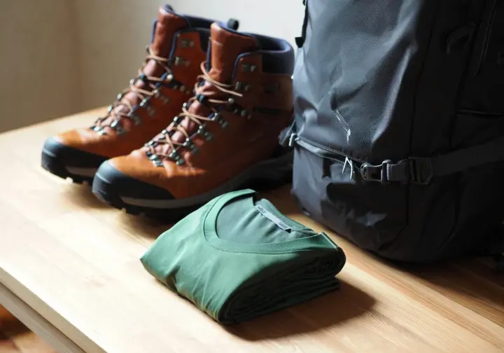 A collection of core hiking comfort and safety gear, including boots, clothing, and a daypack, laid out on a wooden surface for a beginner's guide.