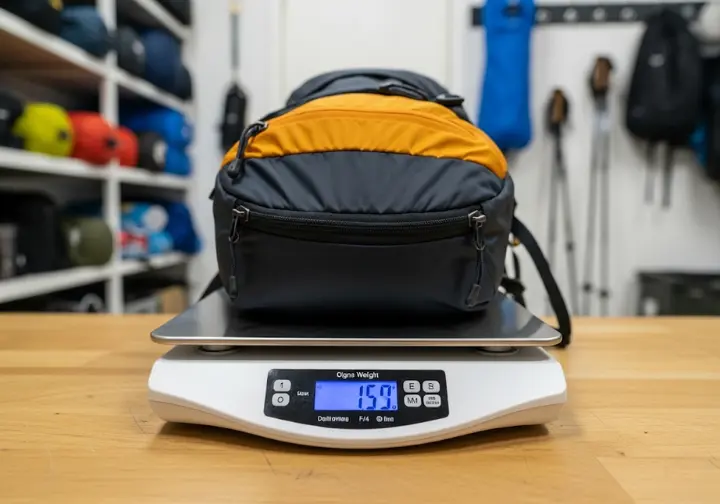 A digital scale displays the weight of a backpacking pack, illustrating the process of defining pack weight for a lightweight gear list.