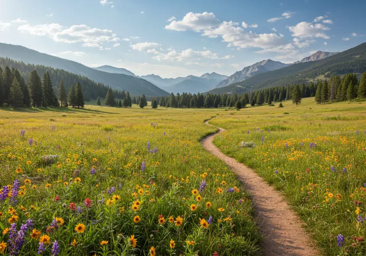 Colorado meadow with mountains and hiking trail, discovering family-friendly hiking paradise.