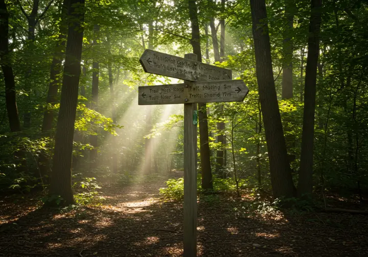 Trail signpost in Long Island, indicating various hiking trails for exploration and discovery.