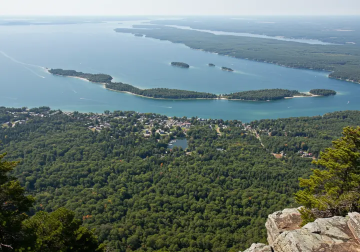 Panoramic view of Green Bay and Strawberry Islands from Peninsula State Park, Wisconsin's natural wonders.