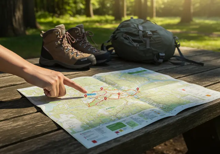 Open Vancouver hiking trail map with finger pointing, symbolizing discovering the perfect hike.