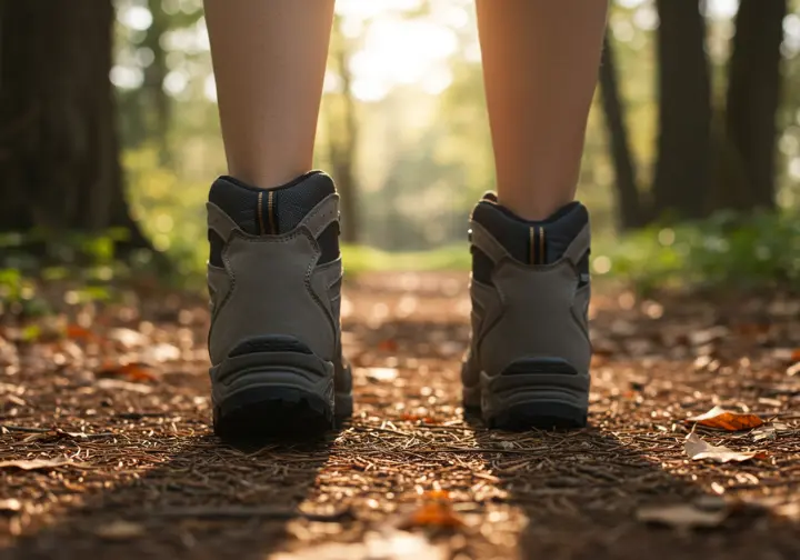 Hiking boots stepping onto a forest trail, symbolizing embarking on a hiking adventure.