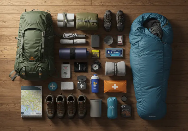 Flat lay of essential thru-hiking gear: backpack, tent, sleep system, water filter, cooking, first-aid, navigation, boots.