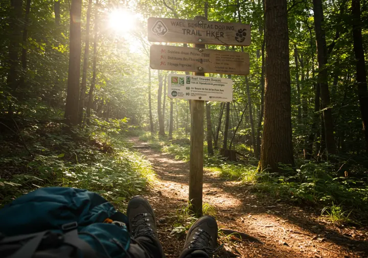 First hike don't panic: trailhead sign in a sunny forest, inviting beginners with hiker's boots and backpack in foreground.