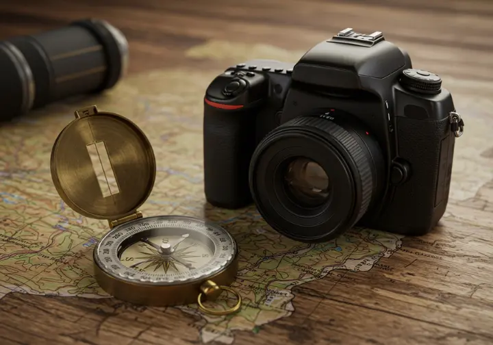 Compass and DSLR camera on wooden map, symbolizing the fusion of photography and wilderness exploration.