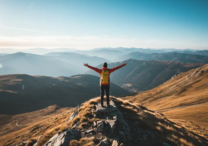 Hiker on a mountain ridge with a lightweight pack, arms outstretched, symbolizing freedom.