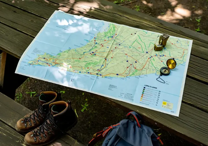 A hiking map of Long Island with boots and a backpack, representing a curated guide to the premier hikes and places to hike.