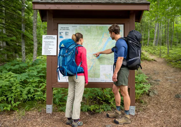 Hikers reviewing essential logistics at a Minnewaska State Park Preserve trailhead kiosk, preparing for their visit.